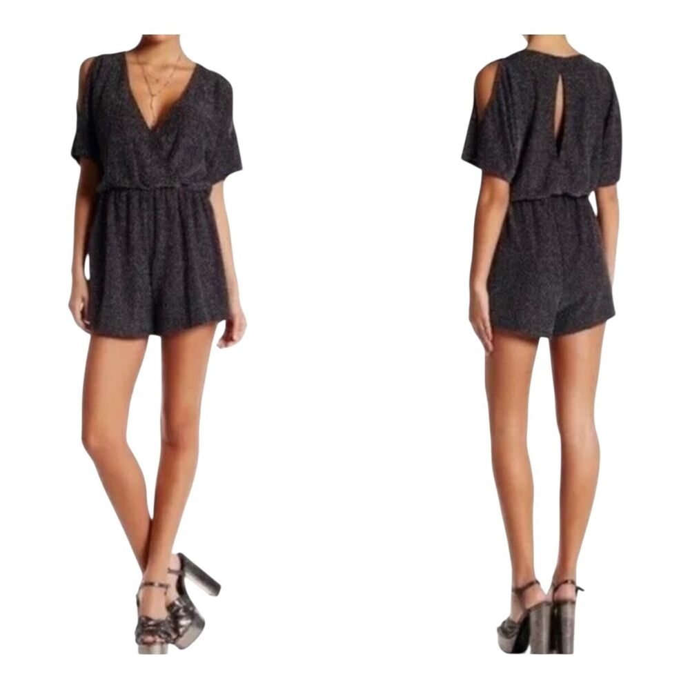 ASTR the Label Romper Womens Small Black Silver Metallic Cold Shoulder Knit